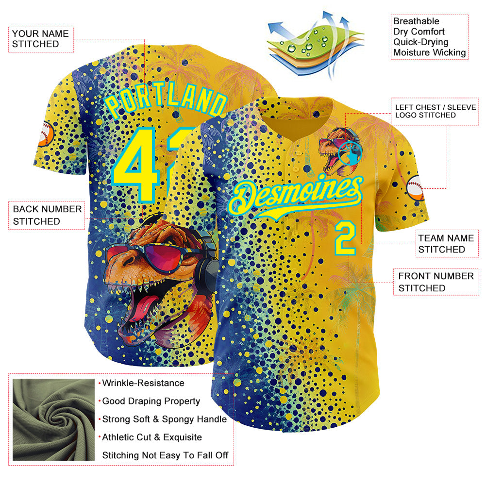 Custom Yellow Light Yellow Blue-Lakes Blue Cyber Tropical Palm Trees Music Festival Gradient Neon Polka Dot Authentic Baseball Jersey