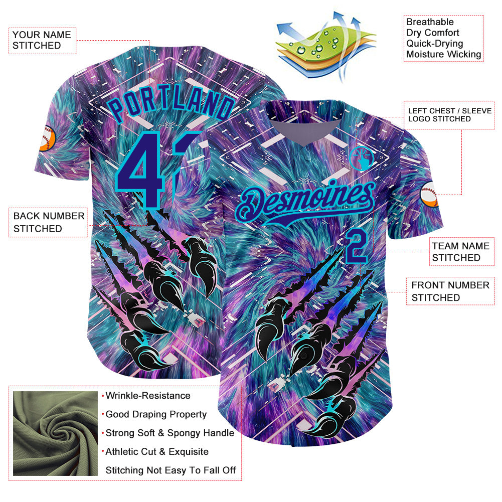 Custom Purple Dark Purple Black-Lakes Blue Cyber Tropical Palm Trees Music Festival Claw Marks Authentic Baseball Jersey