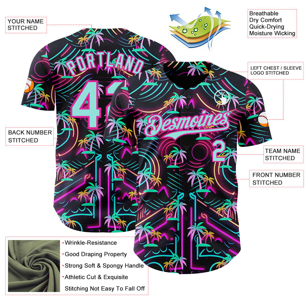 Custom Black Ice Blue-Deep Pink Cyber Tropical Palm Trees Music Festival Authentic Baseball Jersey