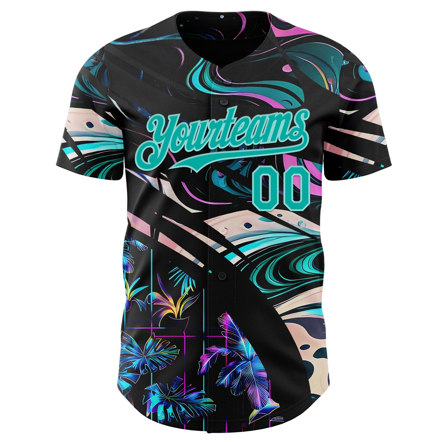 Custom Black Aqua-Ice Blue Cyber Tropical Palm Trees Music Festival Fluid Liquid Authentic Baseball Jersey
