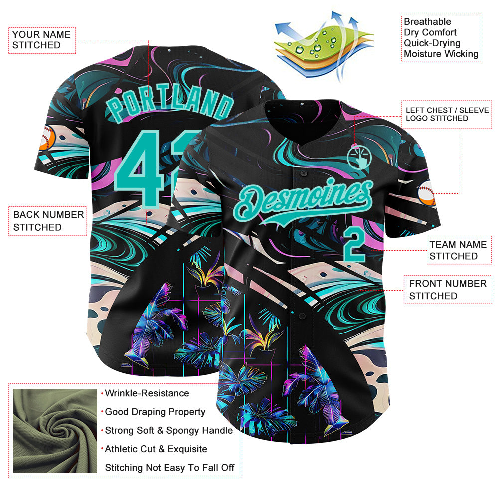 Custom Black Aqua-Ice Blue Cyber Tropical Palm Trees Music Festival Fluid Liquid Authentic Baseball Jersey