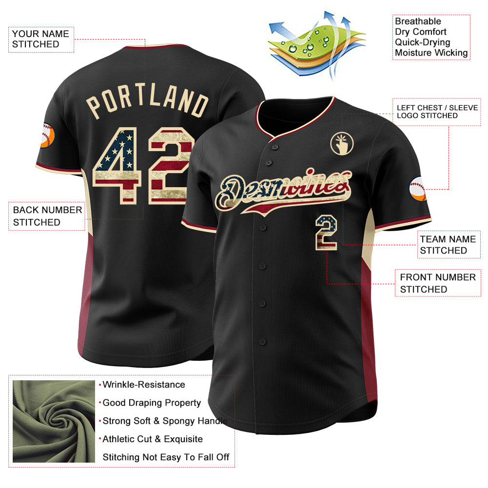 Custom Black Vintage USA Flag Cream-Crimson Classic Color Block Side Panel Stripe Authentic Baseball Jersey