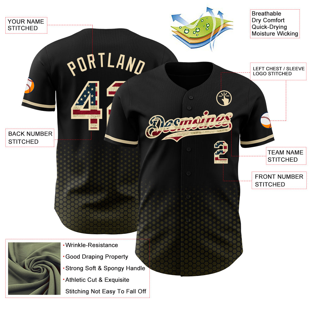 Custom Black Vintage USA Flag Olive-Cream Geometric Hexagonal Dot Gradient Authentic Baseball Jersey