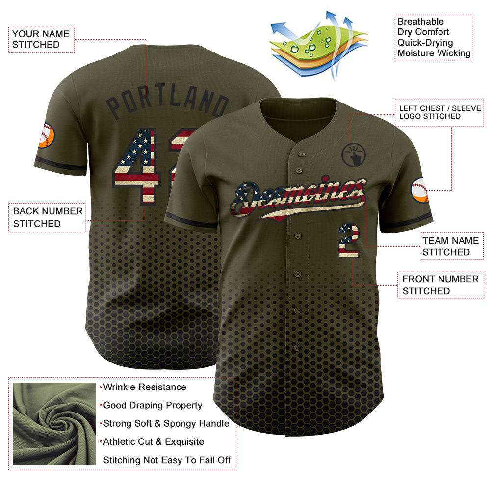 Custom Olive Vintage USA Flag-Black Geometric Hexagonal Dot Gradient Authentic Baseball Jersey