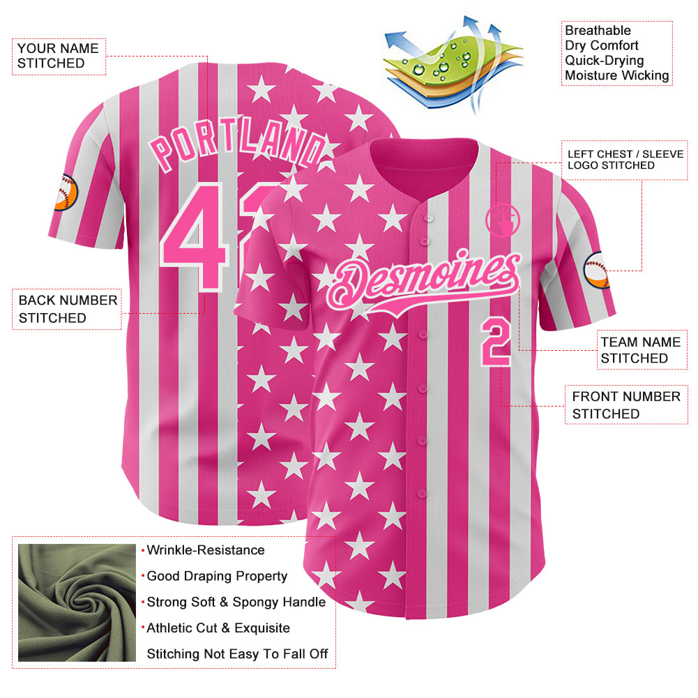 Custom Pink-White USA Flag Patriotic Split Stars and Stripes Authentic Baseball Jersey
