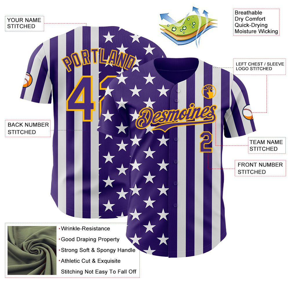 Custom Purple White-Gold USA Flag Patriotic Split Stars and Stripes Authentic Baseball Jersey