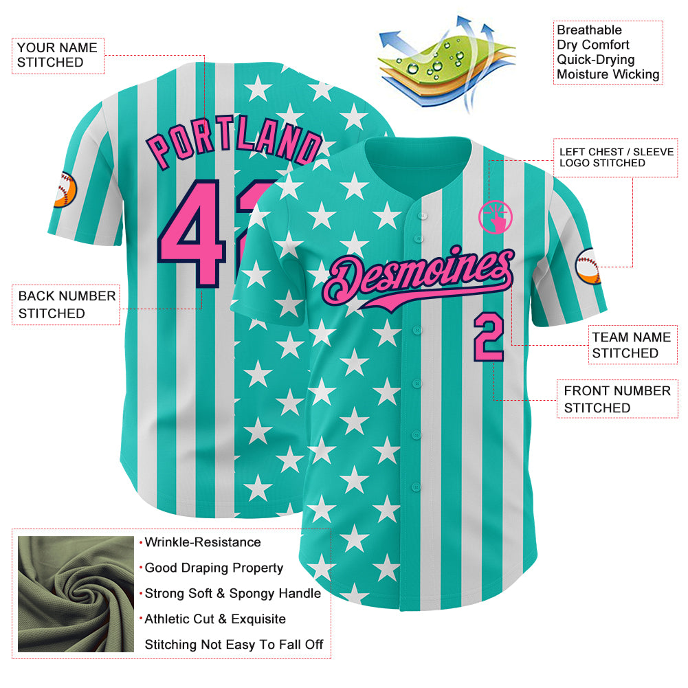 Custom Aqua Pink White-Navy USA Flag Patriotic Split Stars and Stripes Authentic Baseball Jersey