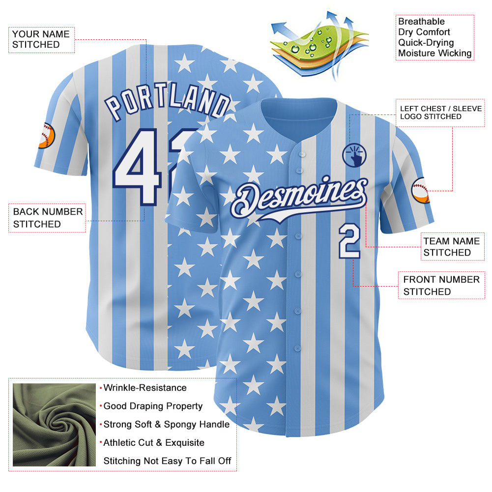 Custom Light Blue White-Royal USA Flag Patriotic Split Stars and Stripes Authentic Baseball Jersey