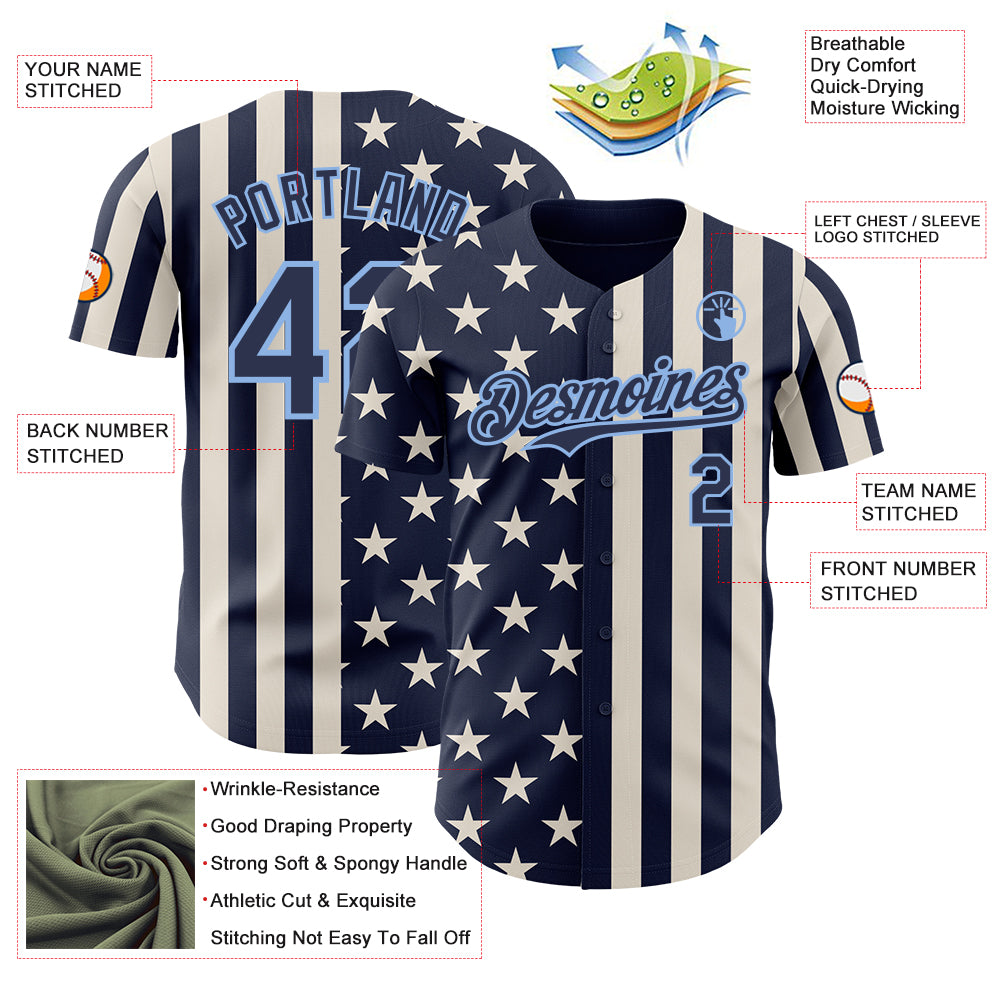 Custom Navy Cream-Light Blue USA Flag Patriotic Split Stars and Stripes Authentic Baseball Jersey