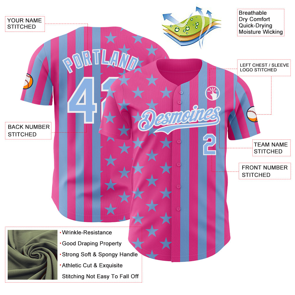 Custom Pink Light Blue-White USA Flag Patriotic Split Stars and Stripes Authentic Baseball Jersey