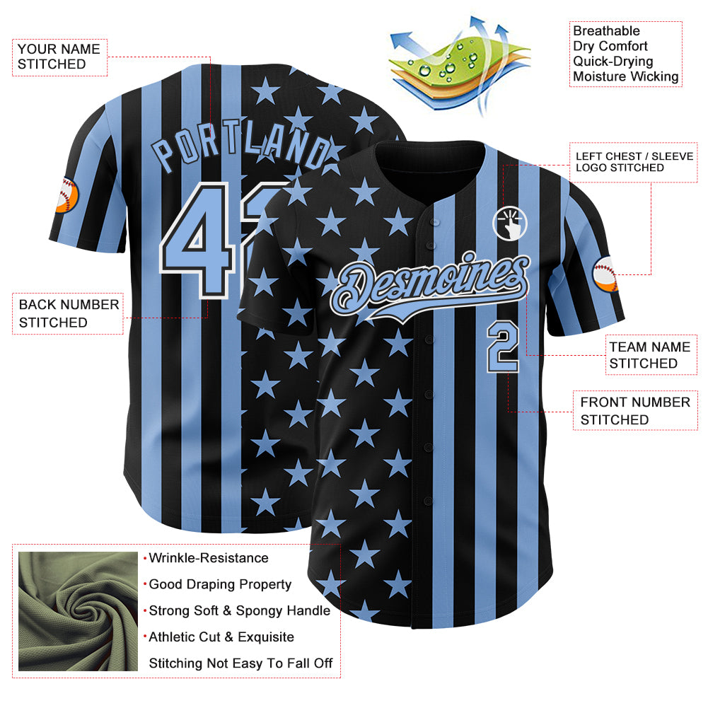 Custom Black Light Blue-White USA Flag Patriotic Split Stars and Stripes Authentic Baseball Jersey