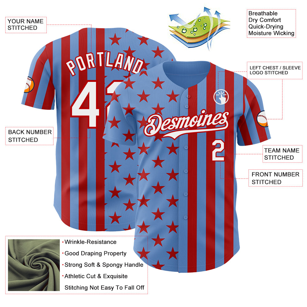 Custom Powder Blue White-Red USA Flag Patriotic Split Stars and Stripes Authentic Baseball Jersey