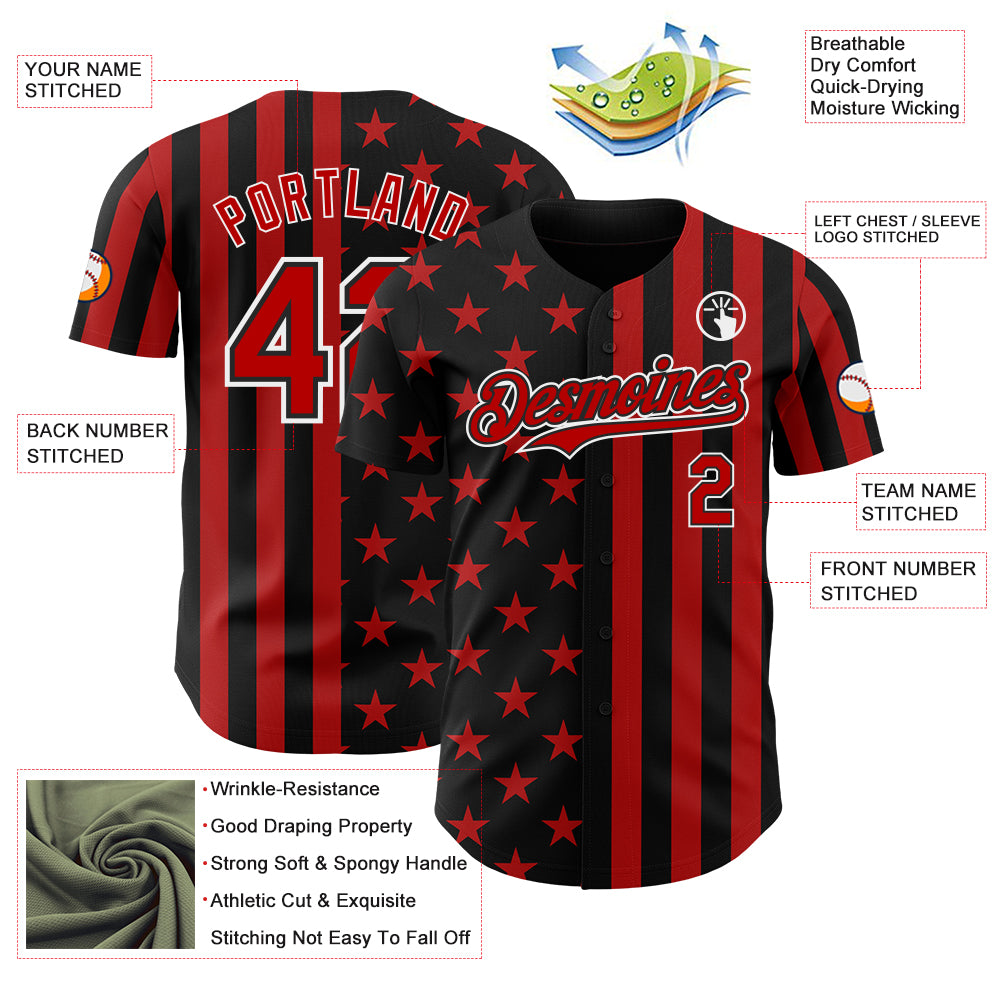 Custom Black Red-White USA Flag Patriotic Split Stars and Stripes Authentic Baseball Jersey