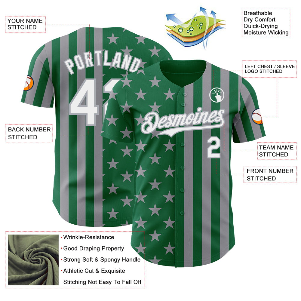 Custom Kelly Green White-Gray USA Flag Patriotic Split Stars and Stripes Authentic Baseball Jersey
