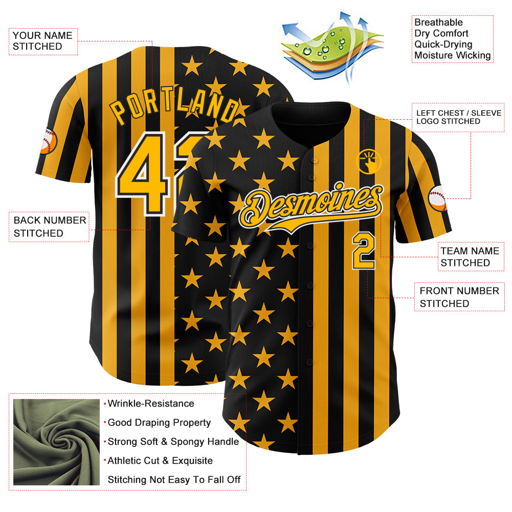 Custom Black Gold-White USA Flag Patriotic Split Stars and Stripes Authentic Baseball Jersey