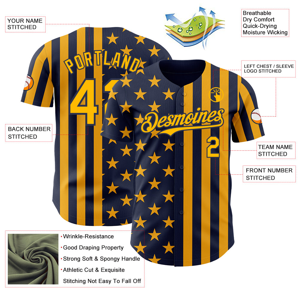 Custom Navy-Gold USA Flag Patriotic Split Stars and Stripes Authentic Baseball Jersey