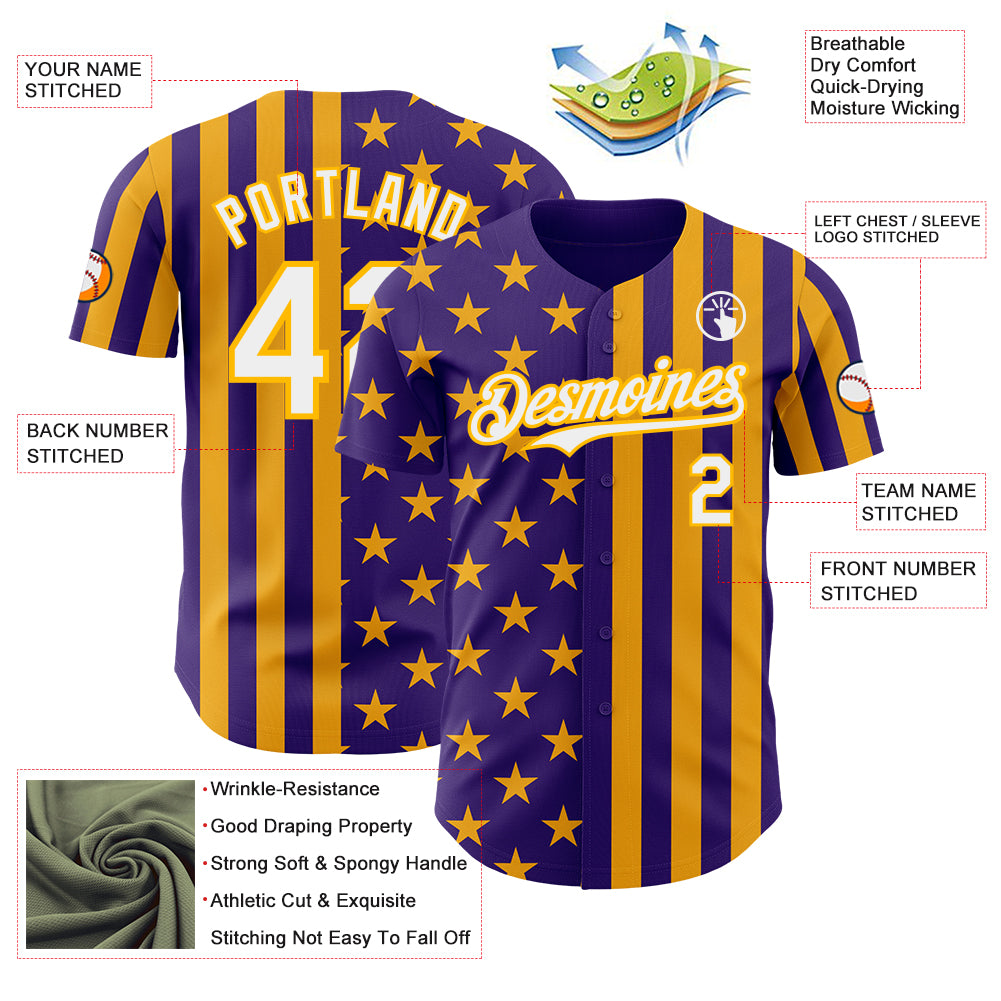 Custom Purple White-Gold USA Flag Patriotic Split Stars and Stripes Authentic Baseball Jersey