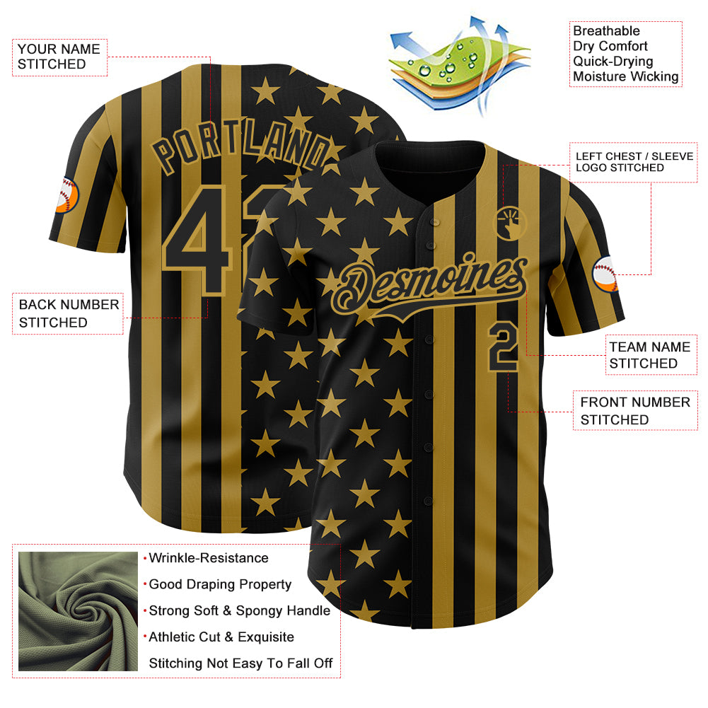 Custom Black-Old Gold USA Flag Patriotic Split Stars and Stripes Authentic Baseball Jersey