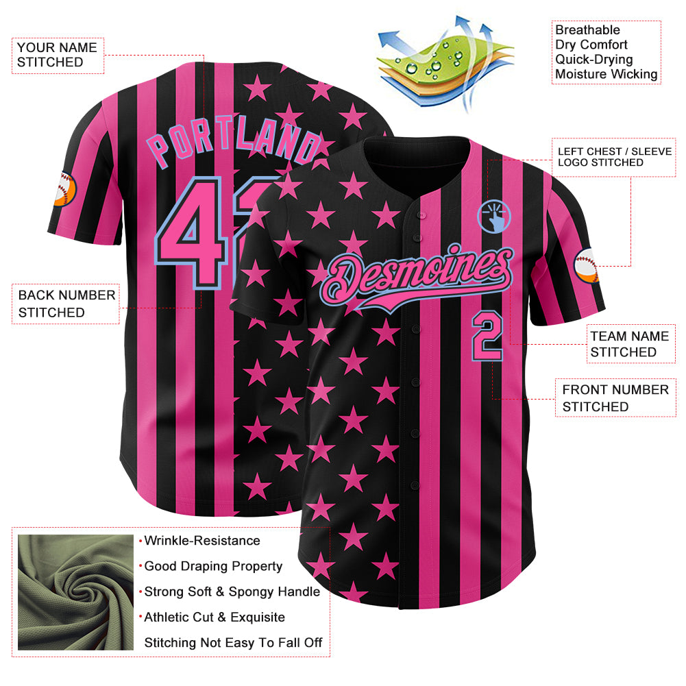Custom Black Pink-Light Blue USA Flag Patriotic Split Stars and Stripes Authentic Baseball Jersey