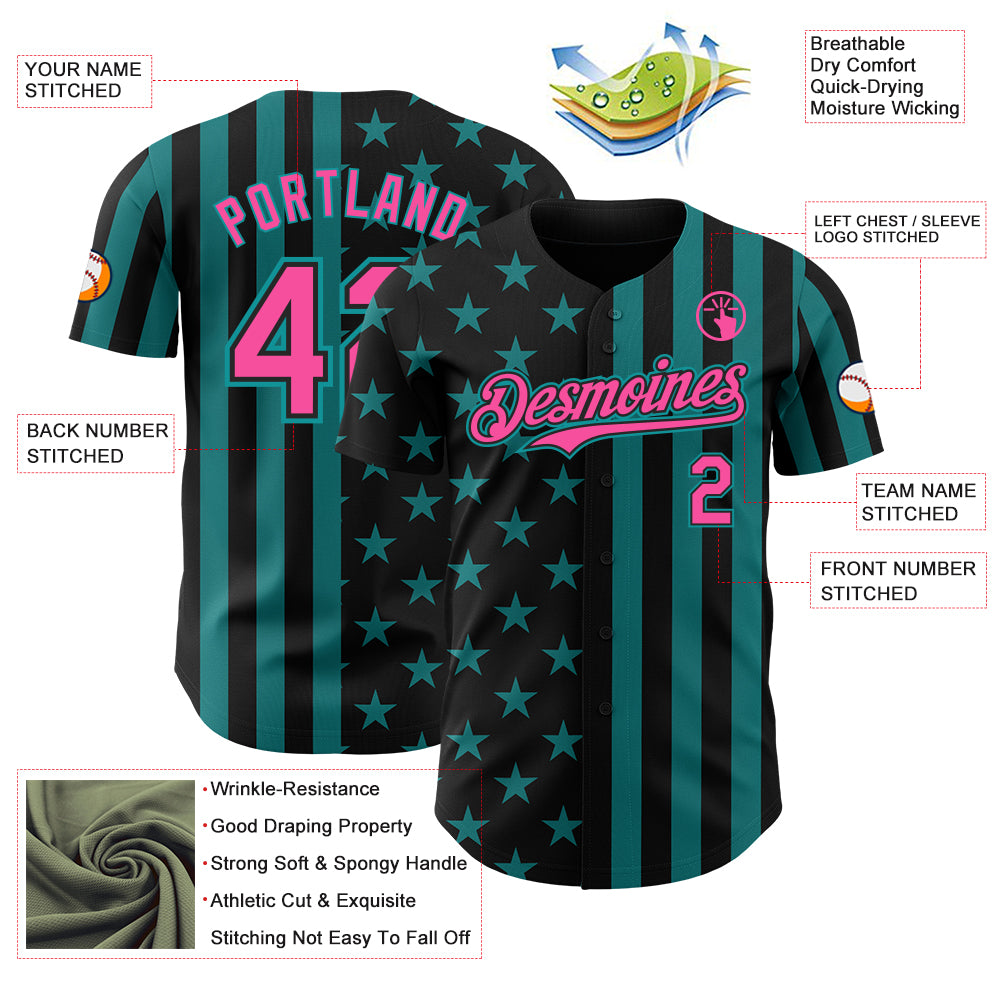 Custom Black Pink-Teal USA Flag Patriotic Split Stars and Stripes Authentic Baseball Jersey