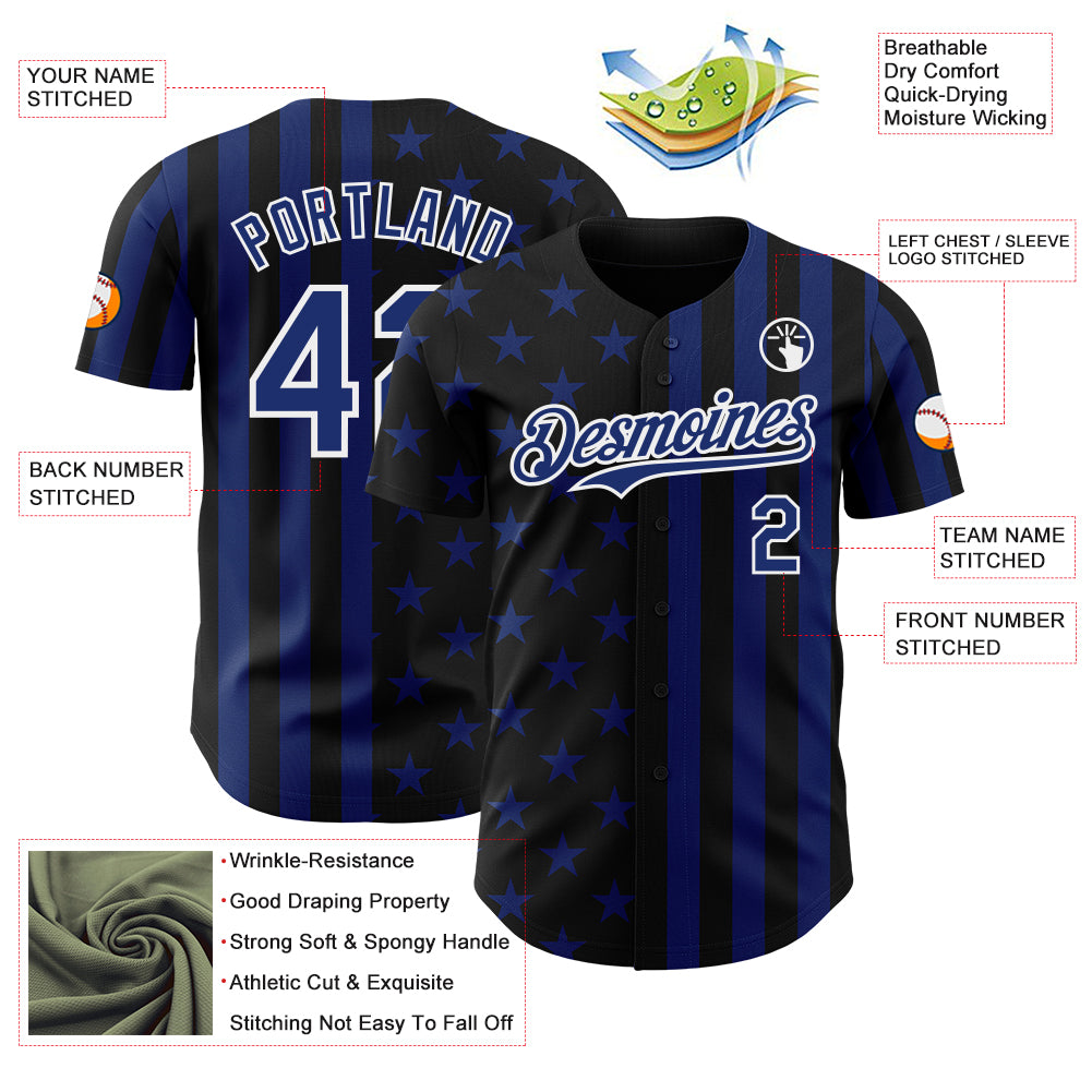 Custom Black Royal-White USA Flag Patriotic Split Stars and Stripes Authentic Baseball Jersey