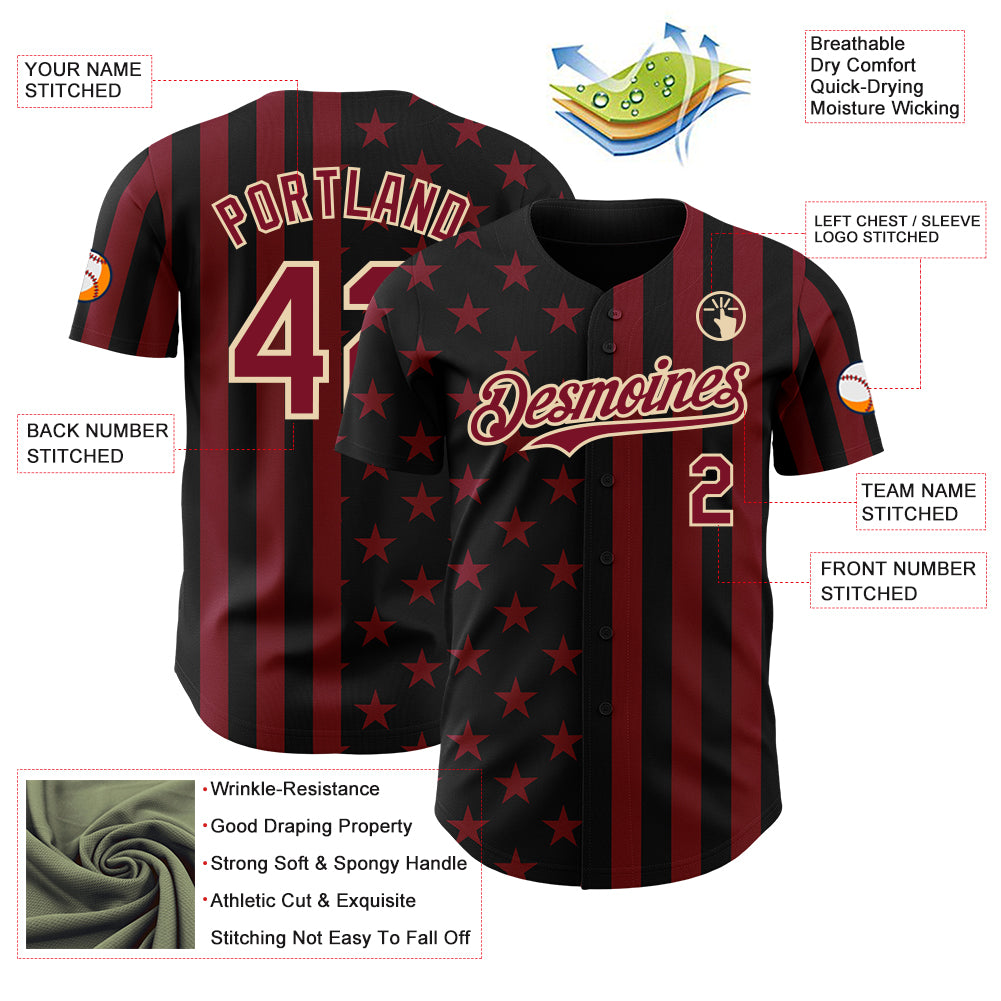 Custom Black Crimson-City Cream USA Flag Patriotic Split Stars and Stripes Authentic Baseball Jersey