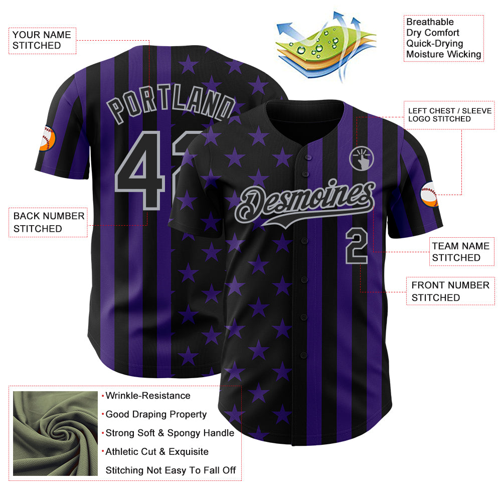 Custom Black Purple-Gray USA Flag Patriotic Split Stars and Stripes Authentic Baseball Jersey
