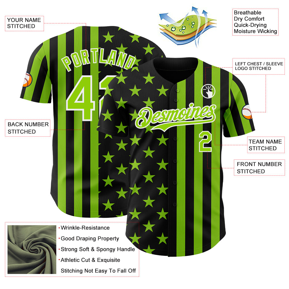 Custom Black Neon Green-White USA Flag Patriotic Split Stars and Stripes Authentic Baseball Jersey