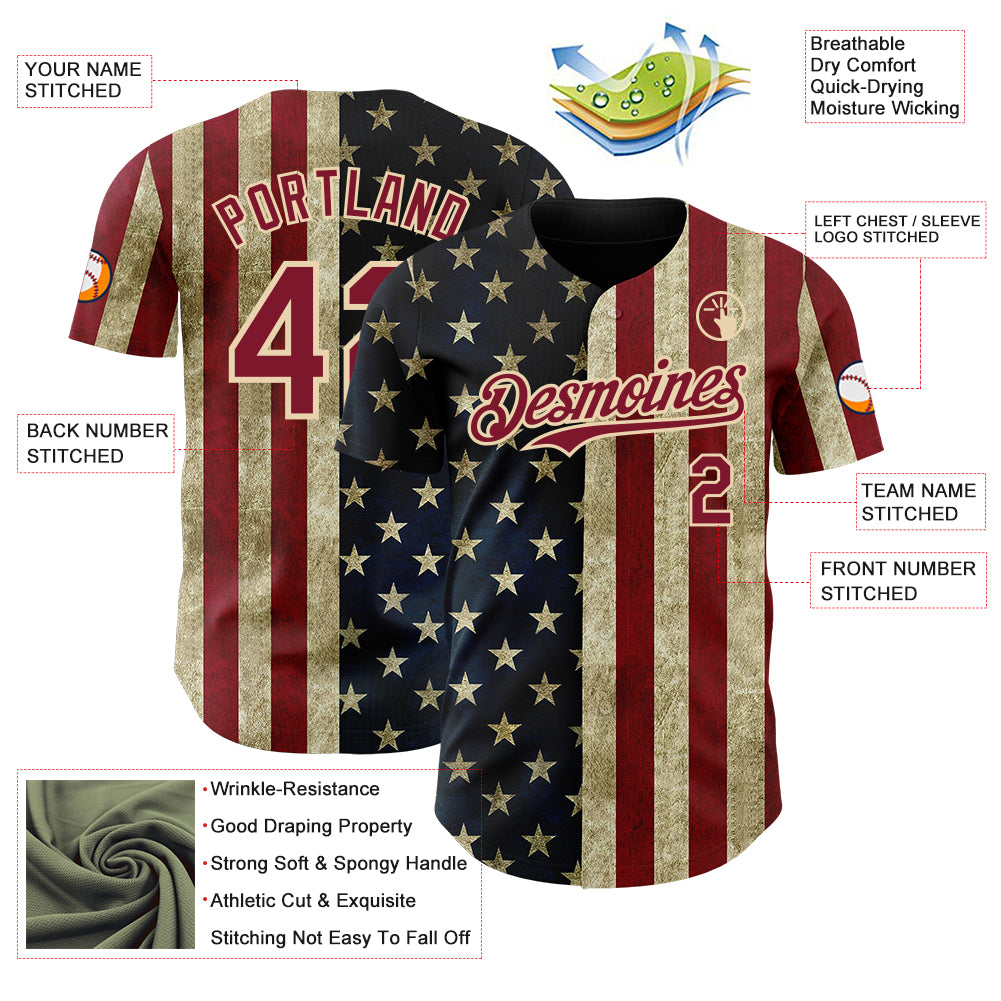 Custom Navy Crimson-City Cream Vintage USA Flag Patriotic Split Stars and Stripes Authentic Baseball Jersey