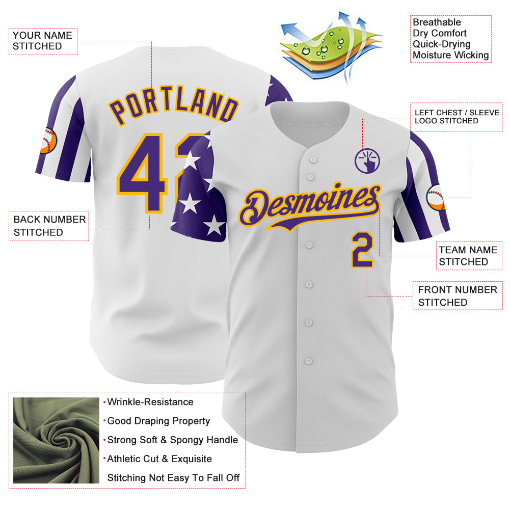 Custom White Purple-Gold Two Tone USA Flag Sleeves Stars and Stripes Authentic Baseball Jersey