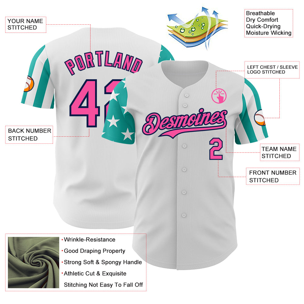Custom White Pink Aqua-Navy Two Tone USA Flag Sleeves Stars and Stripes Authentic Baseball Jersey
