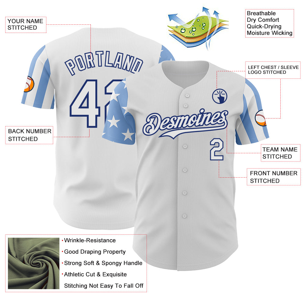 Custom White Light Blue-Royal Two Tone USA Flag Sleeves Stars and Stripes Authentic Baseball Jersey