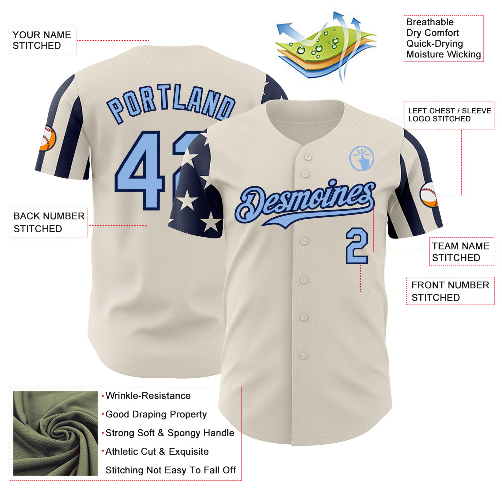 Custom Cream Light Blue-Navy Two Tone USA Flag Sleeves Stars and Stripes Authentic Baseball Jersey