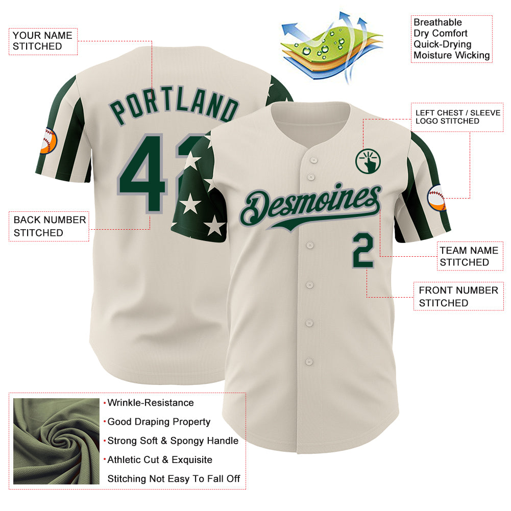 Custom Cream Green-Gray Two Tone USA Flag Sleeves Stars and Stripes Authentic Baseball Jersey