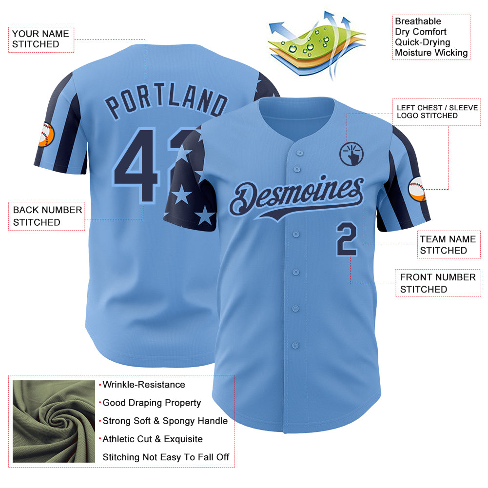 Custom Light Blue-Navy Two Tone USA Flag Sleeves Stars and Stripes Authentic Baseball Jersey