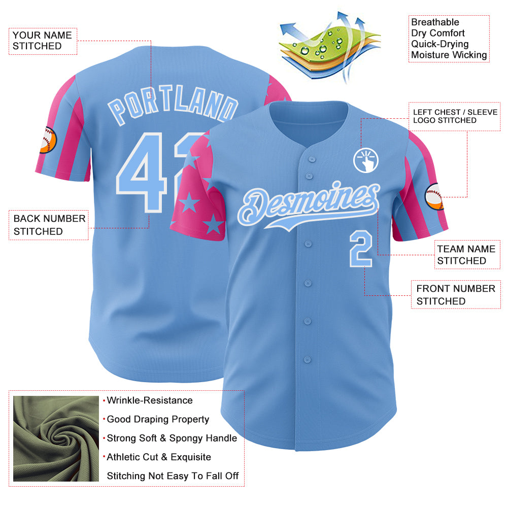 Custom Light Blue Pink-White Two Tone USA Flag Sleeves Stars and Stripes Authentic Baseball Jersey