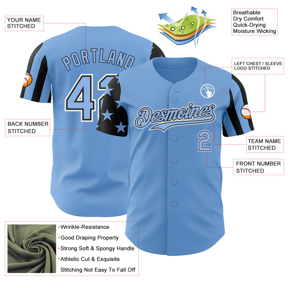 Custom Light Blue Black-White Two Tone USA Flag Sleeves Stars and Stripes Authentic Baseball Jersey