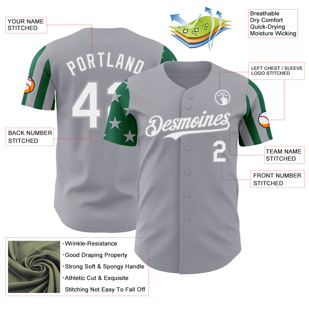 Custom Gray White-Kelly Green Two Tone USA Flag Sleeves Stars and Stripes Authentic Baseball Jersey