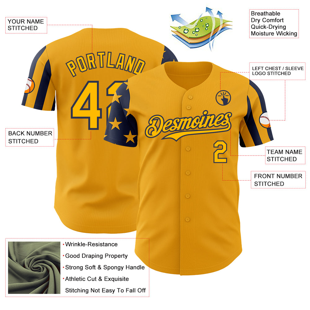 Custom Gold-Navy Two Tone USA Flag Sleeves Stars and Stripes Authentic Baseball Jersey