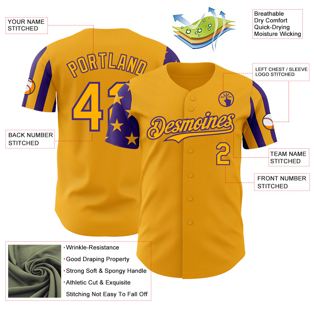 Custom Gold-Purple Two Tone USA Flag Sleeves Stars and Stripes Authentic Baseball Jersey
