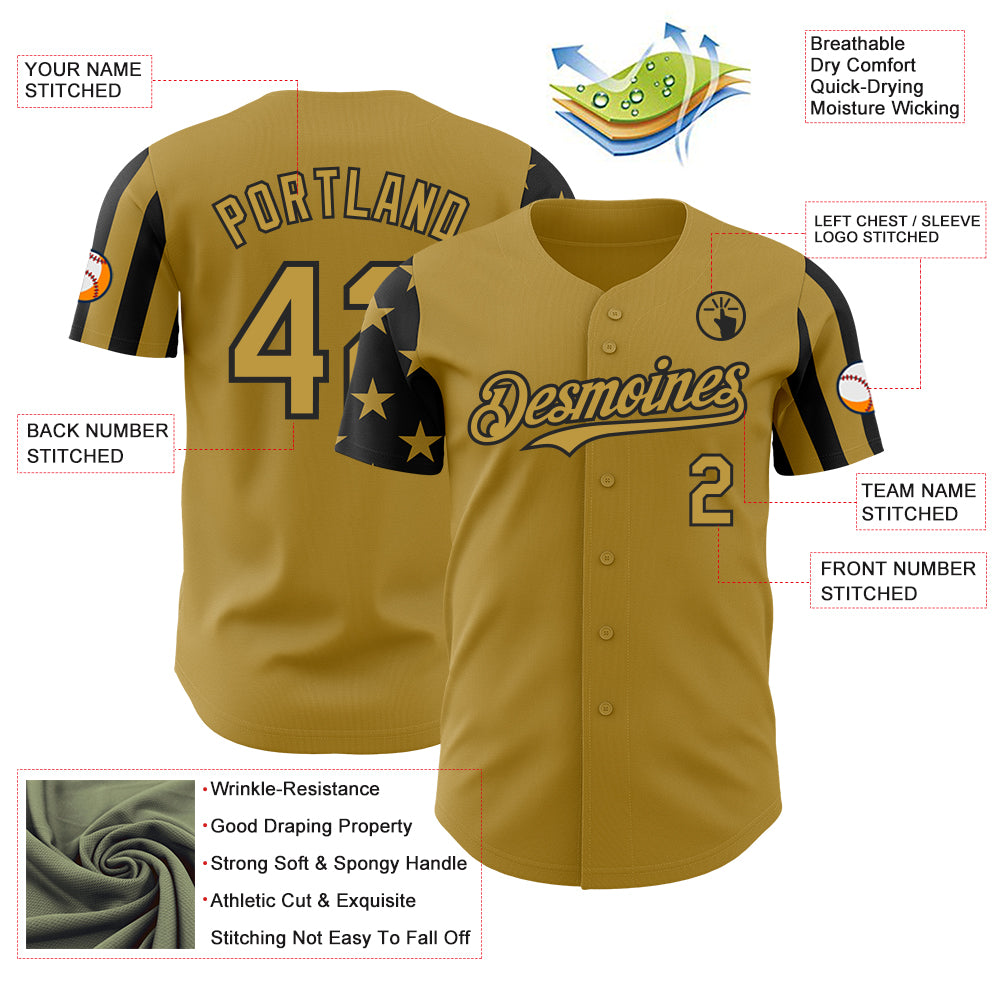 Custom Old Gold-Black Two Tone USA Flag Sleeves Stars and Stripes Authentic Baseball Jersey