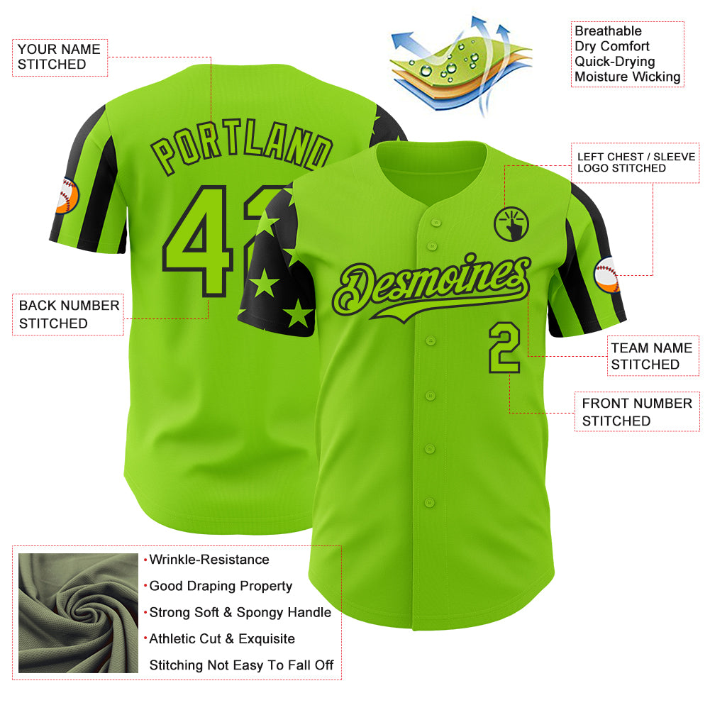 Custom Neon Green-Black Two Tone USA Flag Sleeves Stars and Stripes Authentic Baseball Jersey
