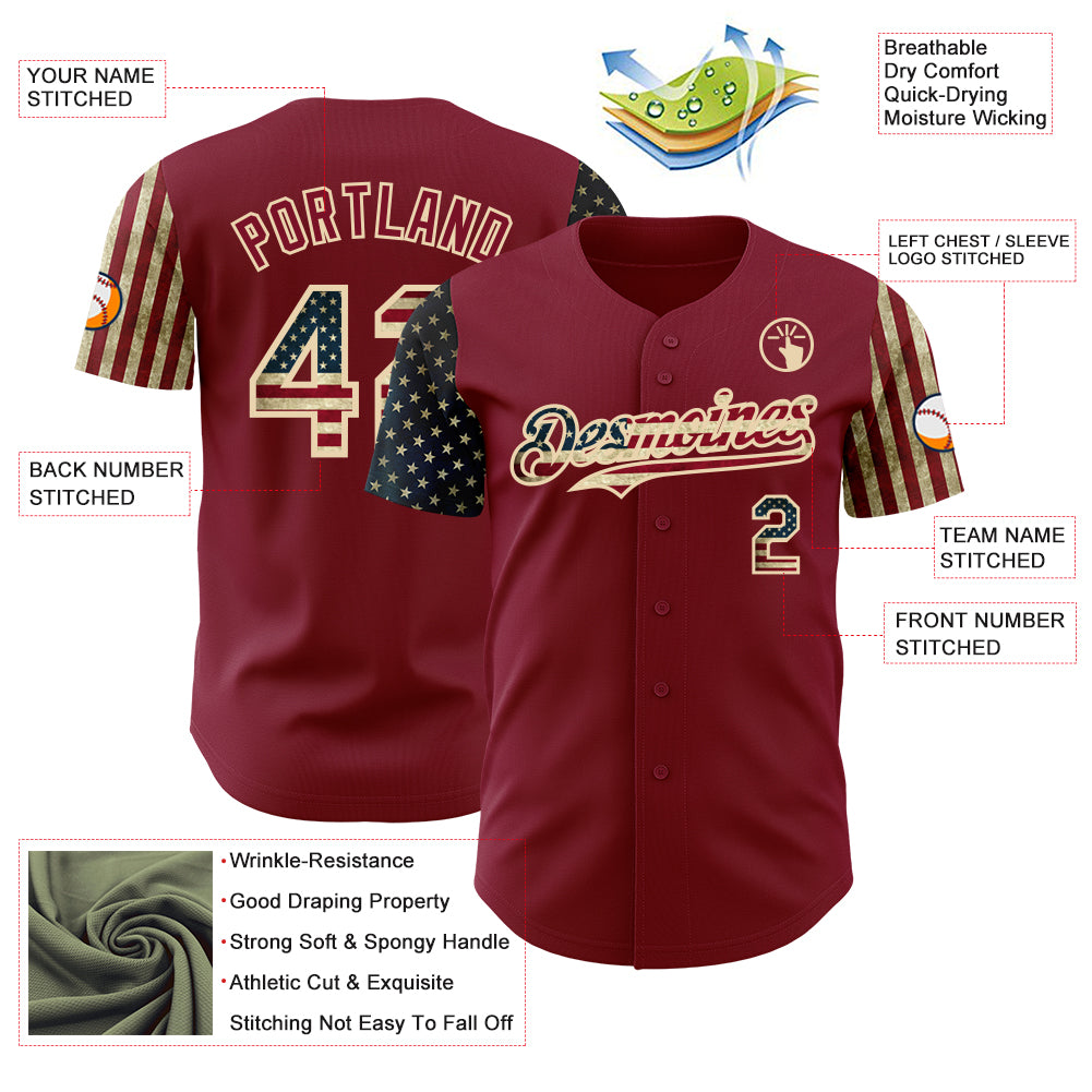 Custom Crimson Vintage USA Flag-City Cream Two Tone USA Flag Sleeves Stars and Stripes Authentic Baseball Jersey