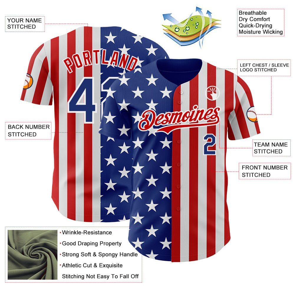 Custom Royal Red-White USA Flag Patriotic Split Stars and Stripes Authentic Baseball Jersey
