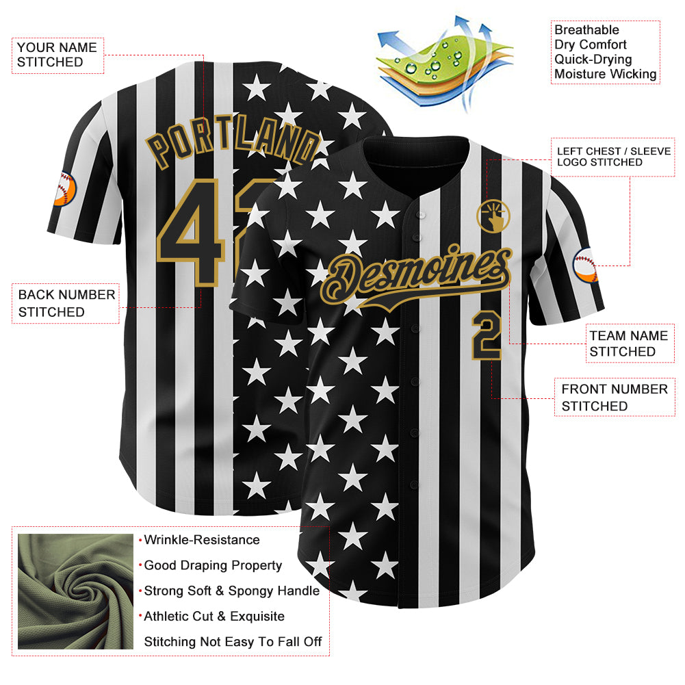 Custom Black White-Old Gold USA Flag Patriotic Split Stars and Stripes Authentic Baseball Jersey