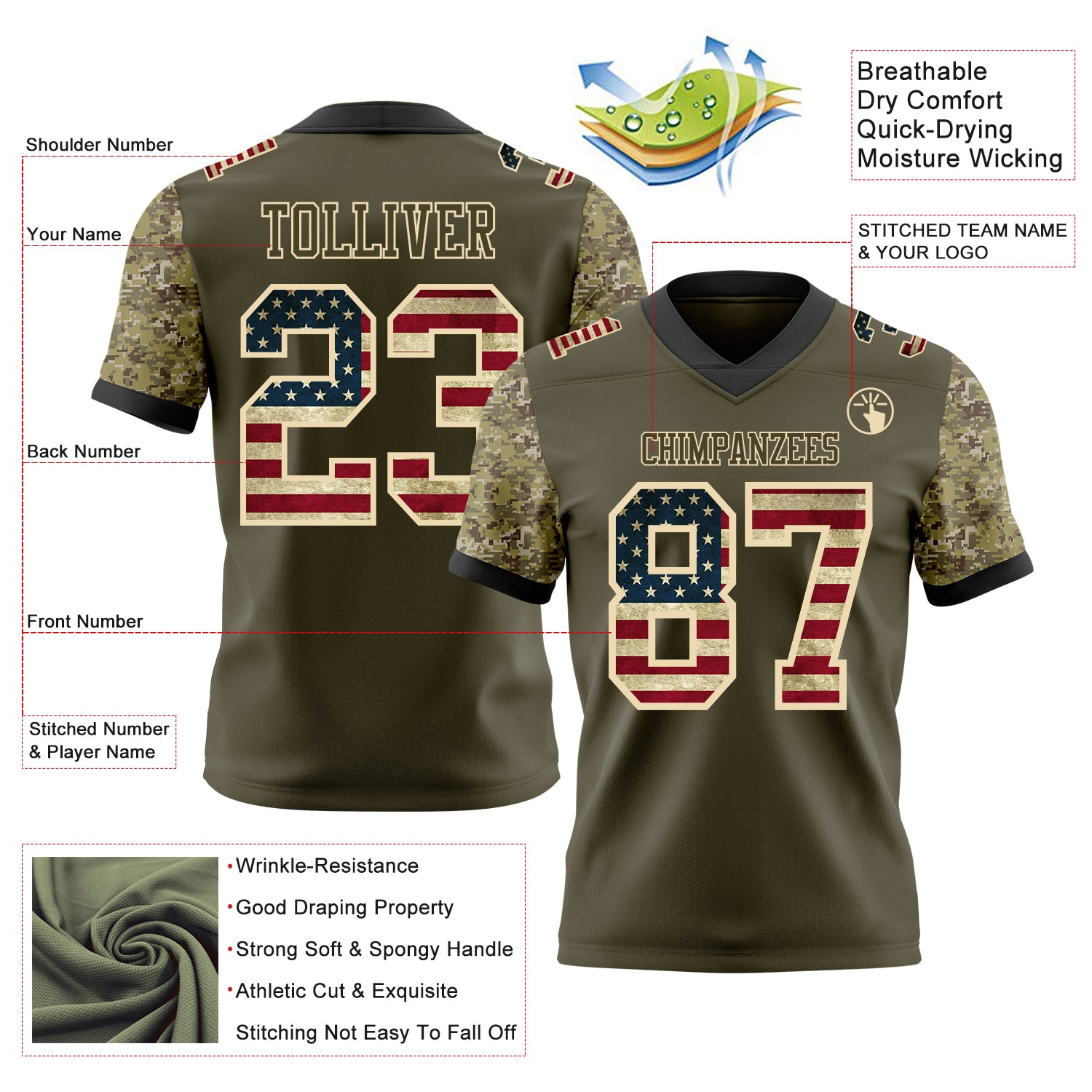 Custom Olive Vintage USA Flag-Cream Authentic Camo Two Tone Salute To Service 7V7 Flag Football Jersey