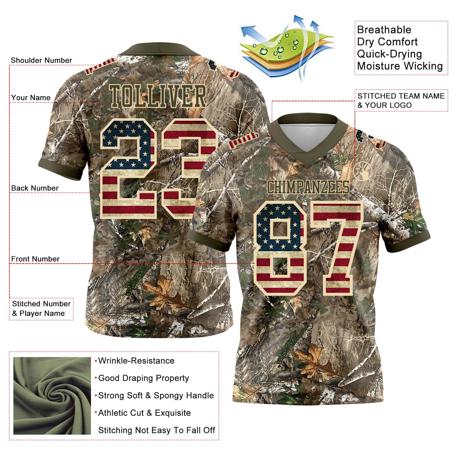 Custom Camo Vintage USA Flag Cream-Olive Authentic Woodland Camouflage Salute To Service 7V7 Flag Football Jersey
