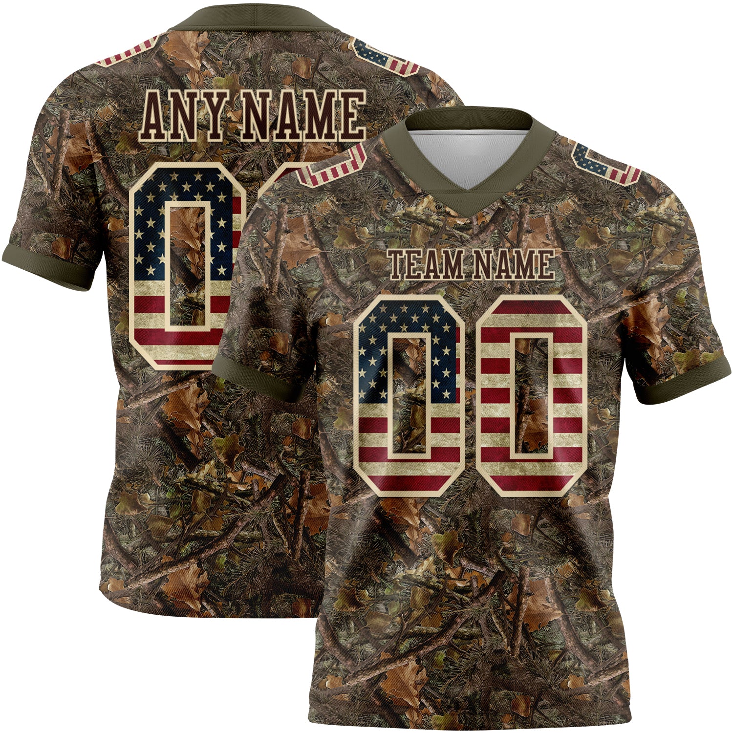 Custom Camo Vintage USA Flag Cream Brown-Olive Authentic Woodland Camouflage Salute To Service 7V7 Flag Football Jersey
