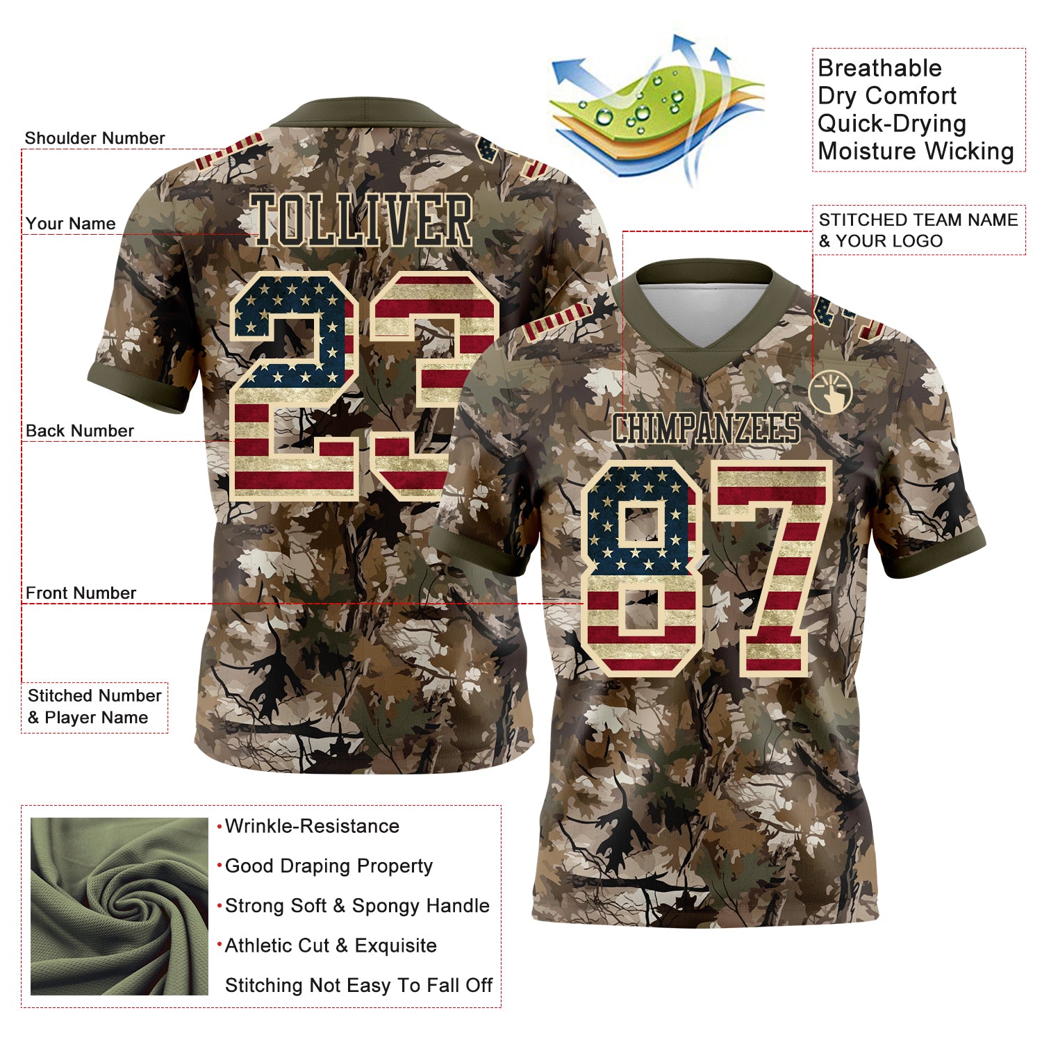 Custom Camo Vintage USA Flag Cream Black-Olive Authentic Woodland Camouflage Salute To Service 7V7 Flag Football Jersey