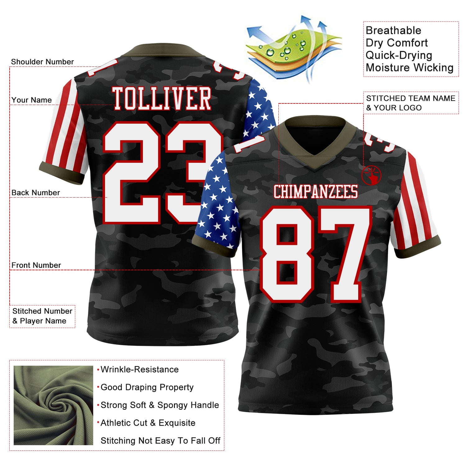 Custom Camo White Red-Olive Authentic American Flag Stars And Stripes Two Tone Salute To Service 7V7 Flag Football Jersey